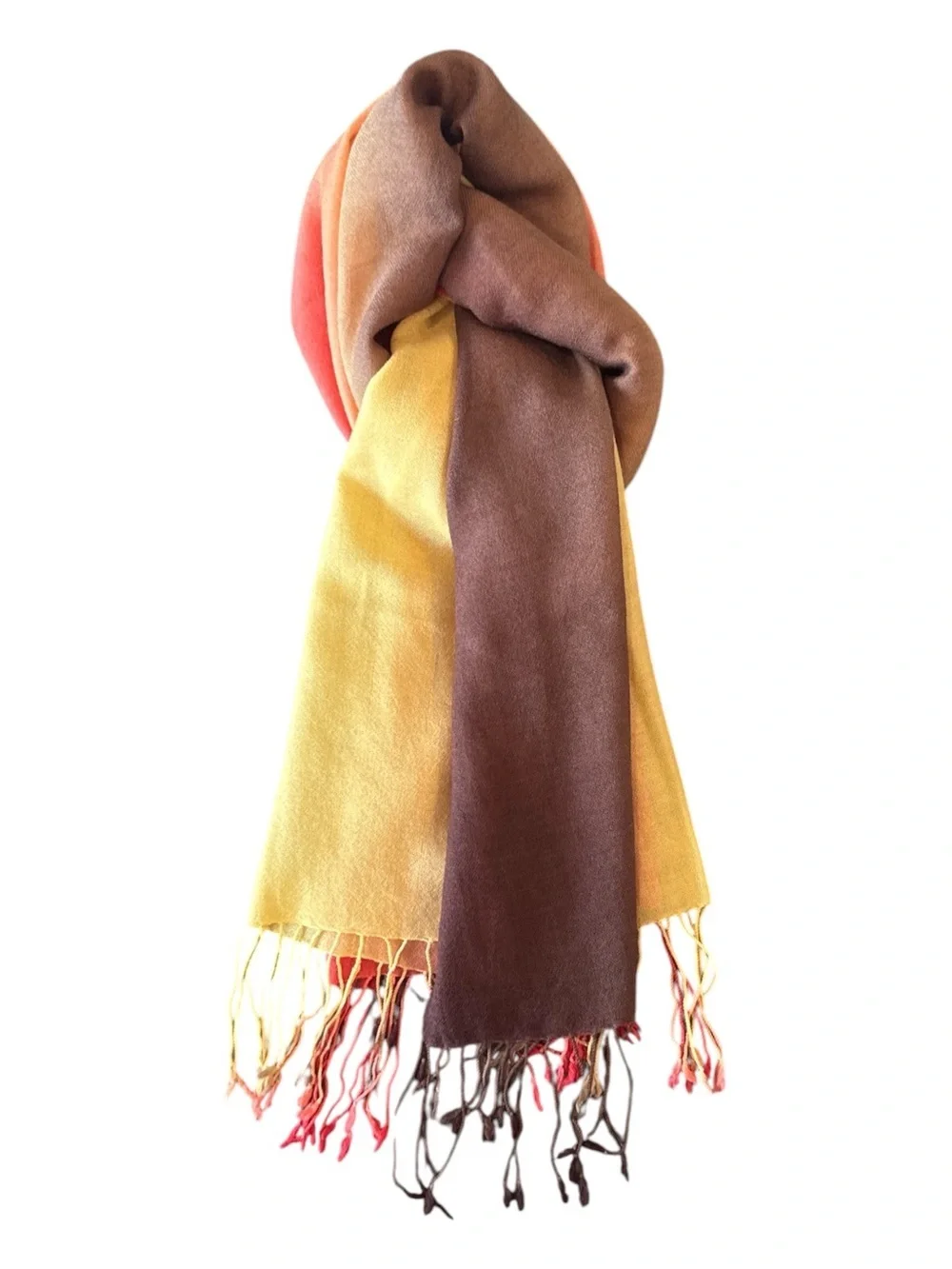 100% Pashmina Brown Yellow Orange Fall Ombré Fringe Scarf OS